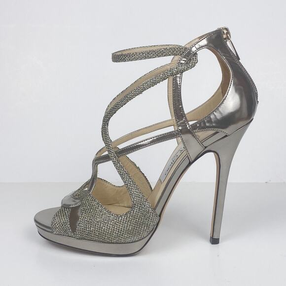 Jimmy Choo Metallic Sparkle & Leather Vermeil Caged Strappy Heel Sandals - Picture 3 of 10